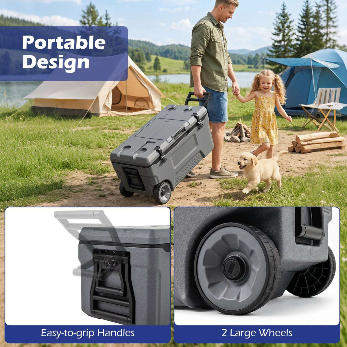 Gray rolling cooler with a pull handle and large wheels