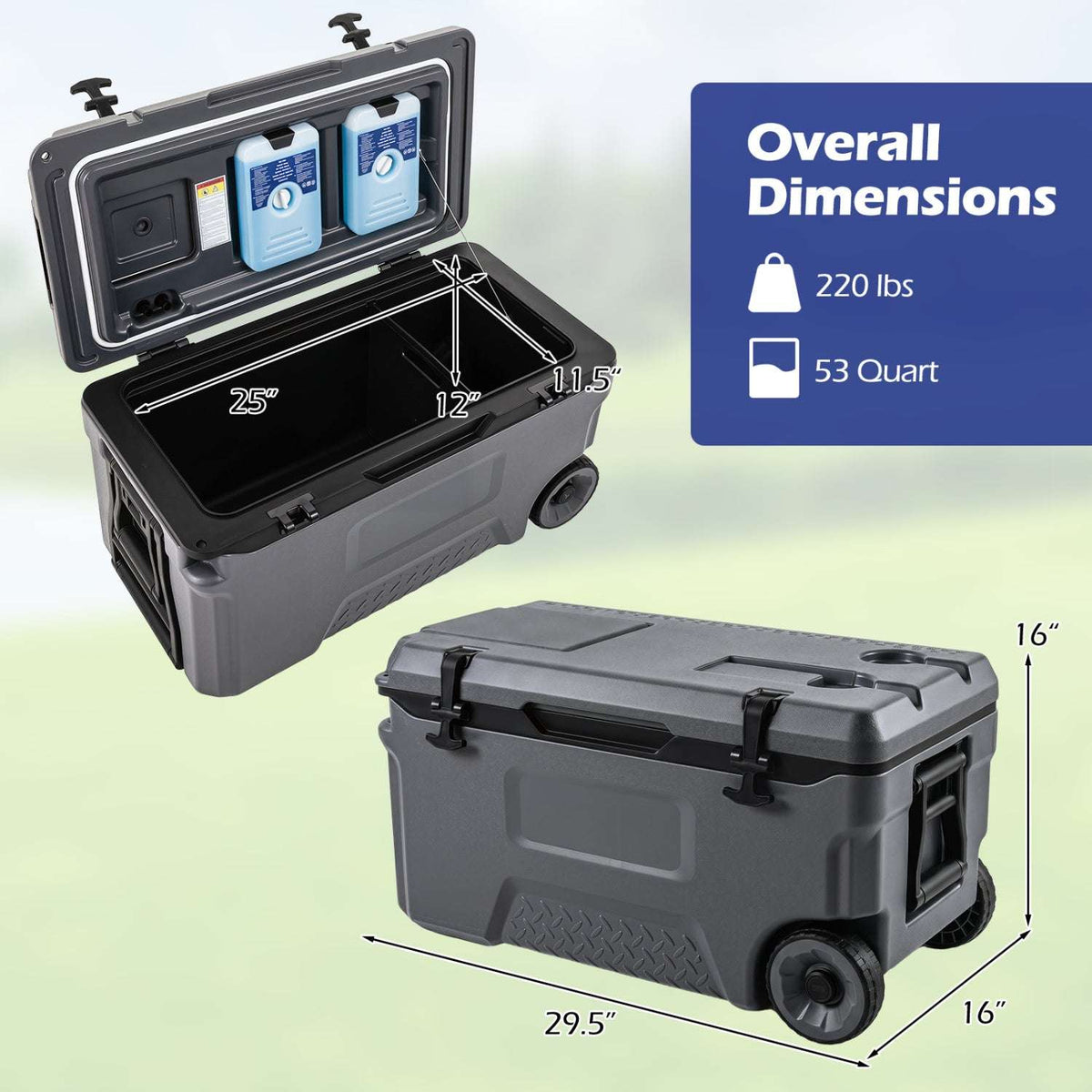 Gray 53-quart cooler with wheels, shown open and closed with dimensions