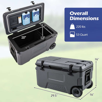 Gray 53-quart cooler with wheels, shown open and closed with dimensions