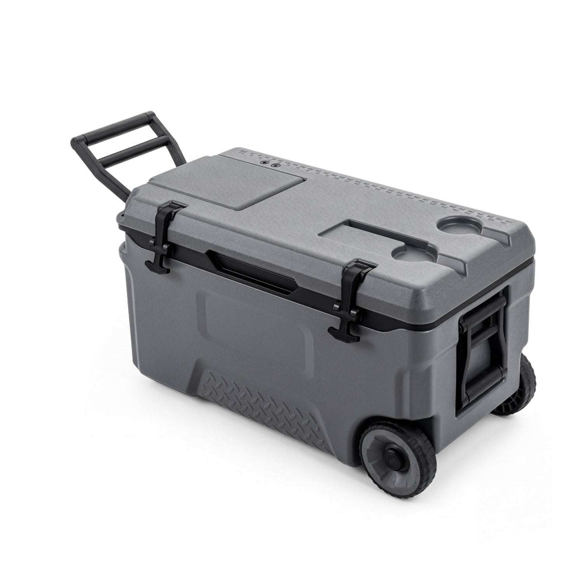 Gray rolling cooler with closed lid, pull handle, and two wheels