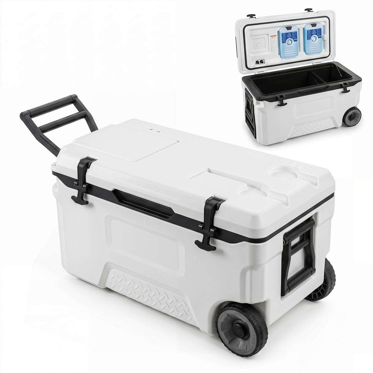White rolling cooler with closed lid, pull handle, and two wheels