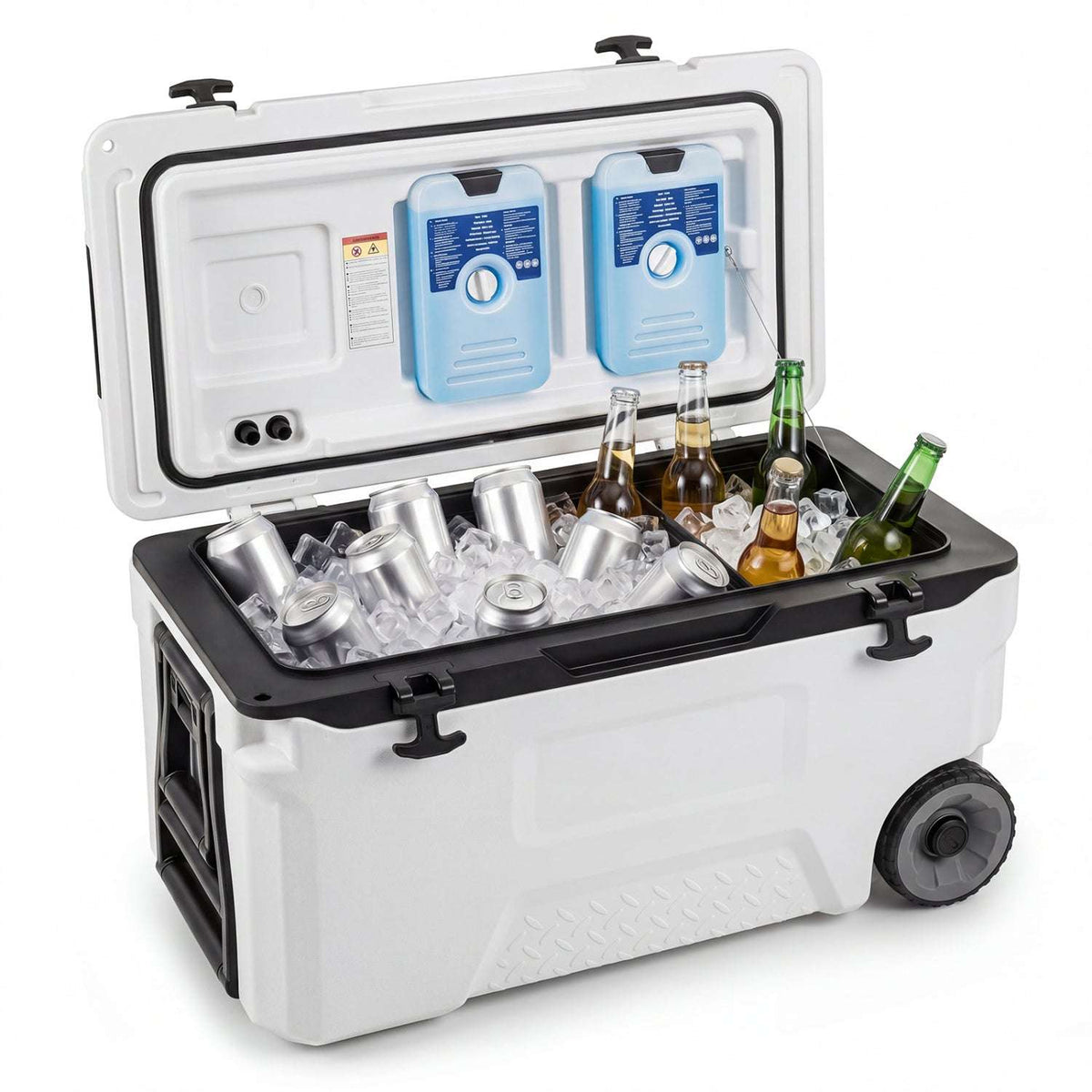 Open white 53-quart rolling cooler filled with ice, cans, and bottles
