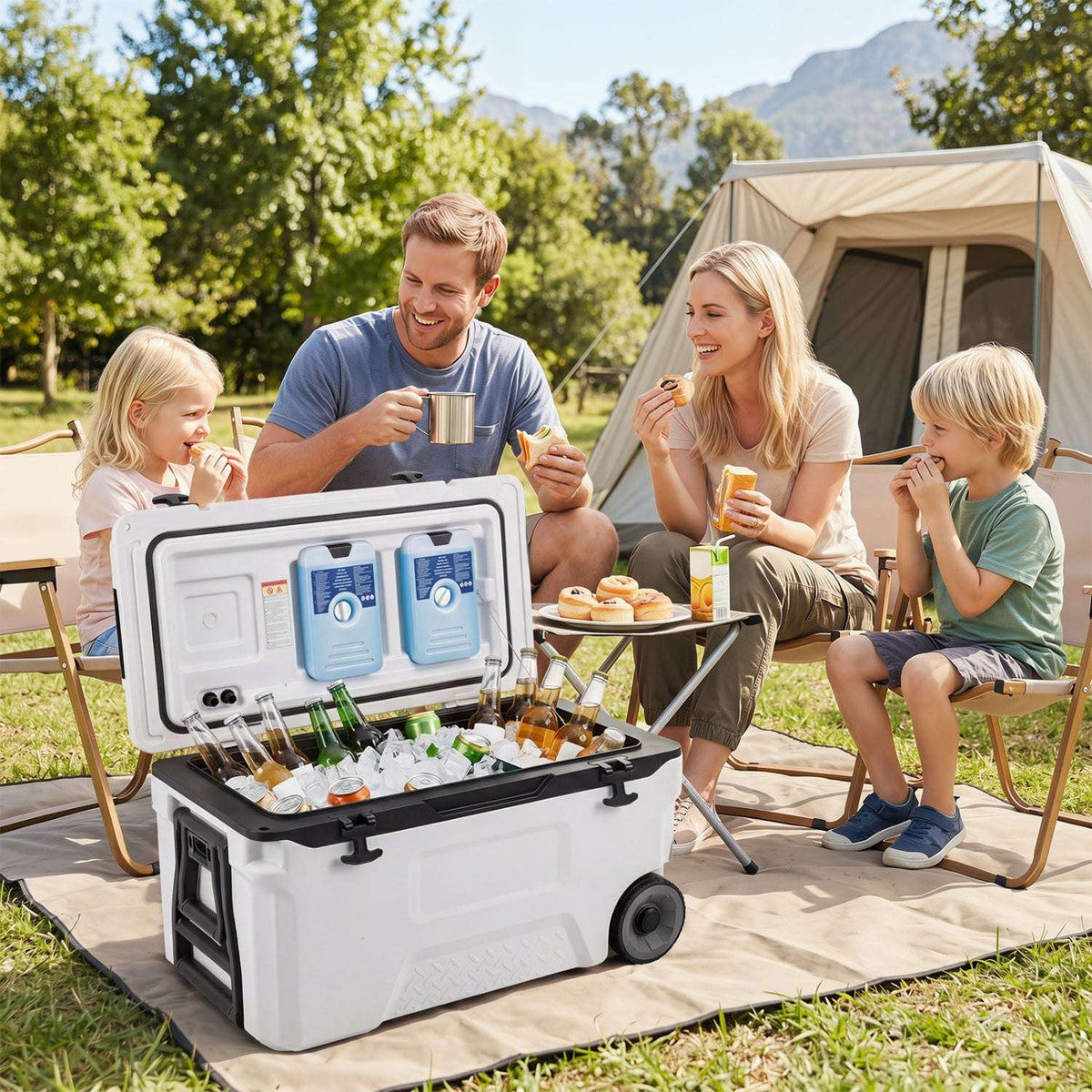 White 53-quart rolling cooler open with drinks and ice inside