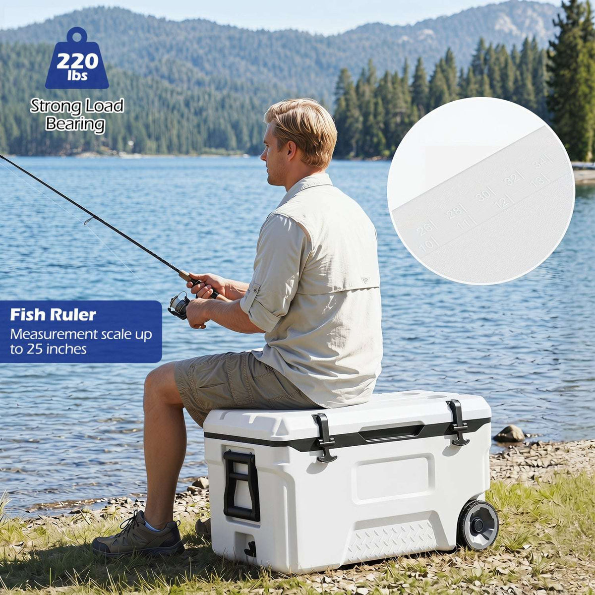White rolling cooler with fish measuring ruler molded into the lid