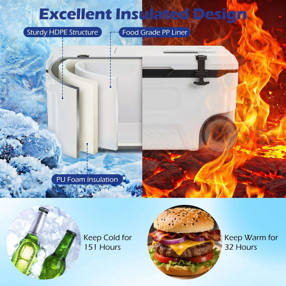 White rolling cooler with layered insulation shown in a cutaway view