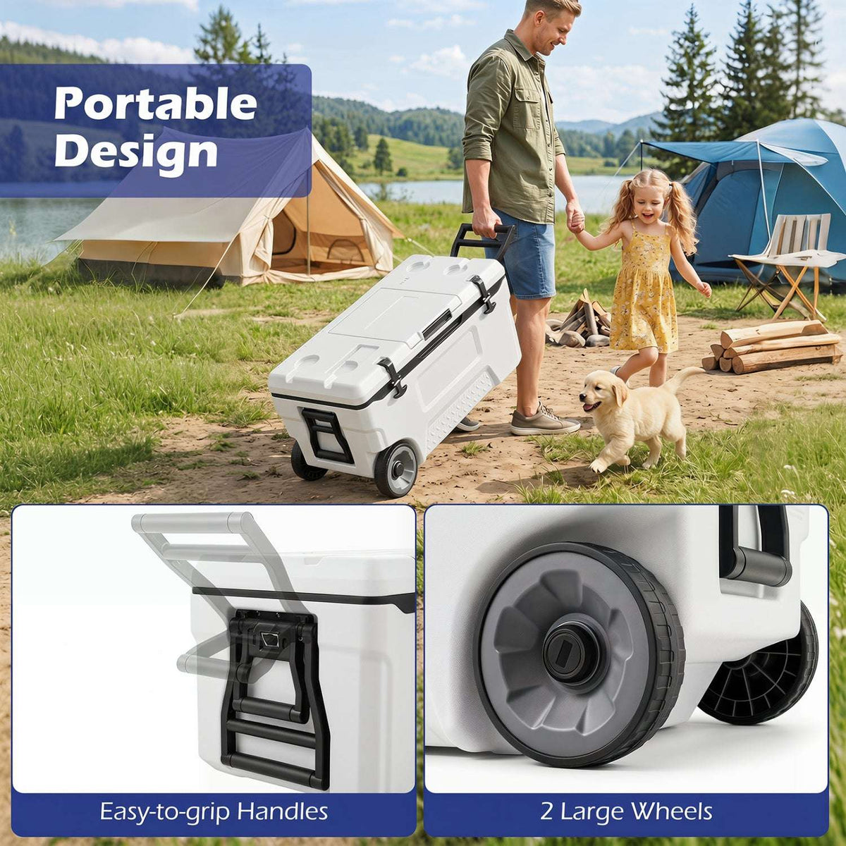 White rolling cooler with pull handle, grip handles, and large wheels