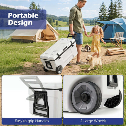 White rolling cooler with pull handle, grip handles, and large wheels