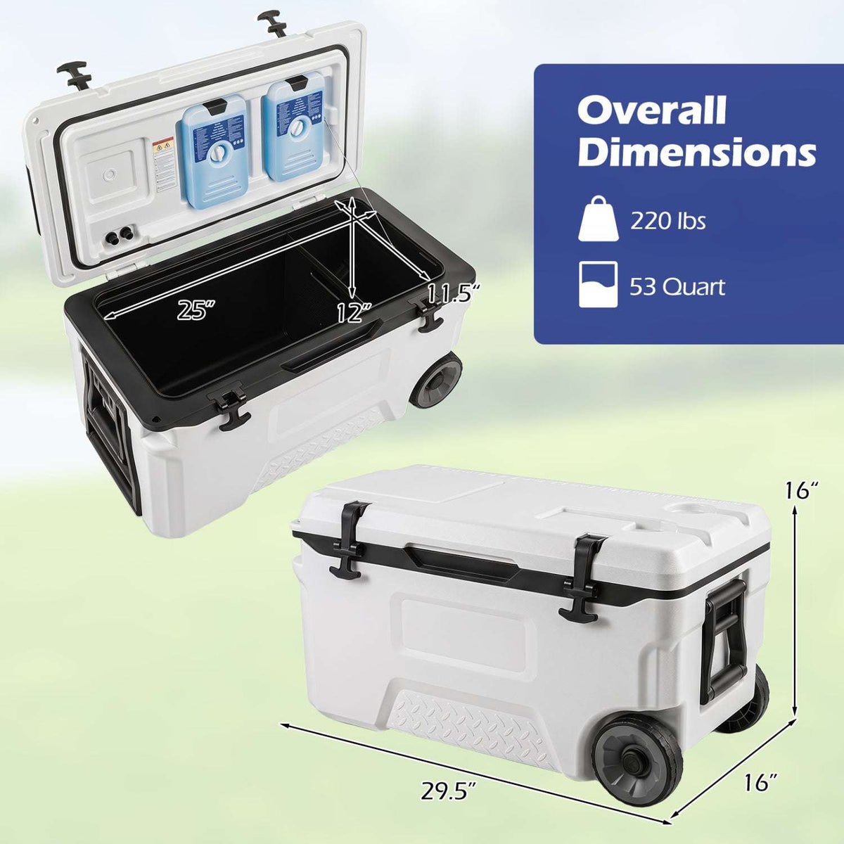 White rolling cooler shown open and closed with interior and exterior dimensions