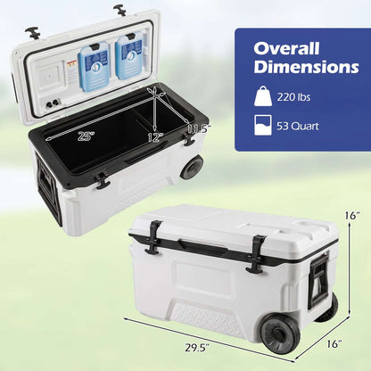 White rolling cooler shown open and closed with interior and exterior dimensions