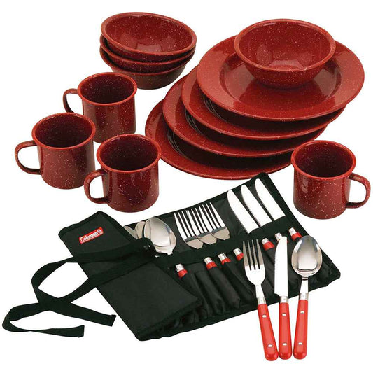 Red speckled enamelware cookware set with plates, bowls, mugs, and utensil roll