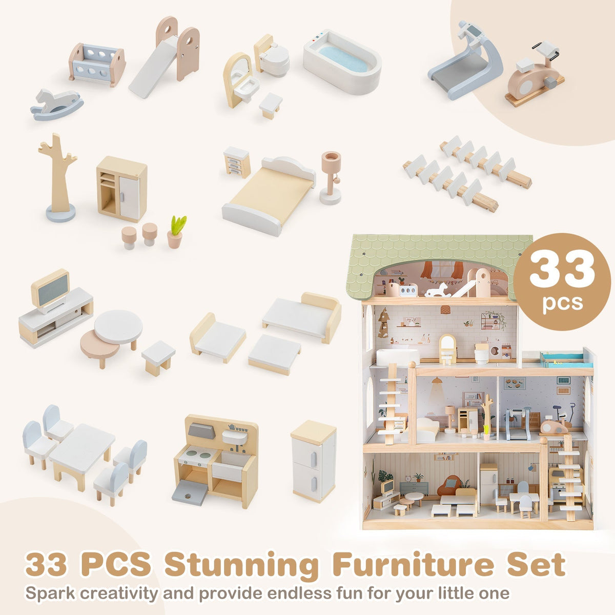 Wooden Dollhouse with 33-Piece Furniture Set and Movable Stairs – Green