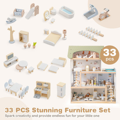 Wooden Dollhouse with 33-Piece Furniture Set and Movable Stairs – Green