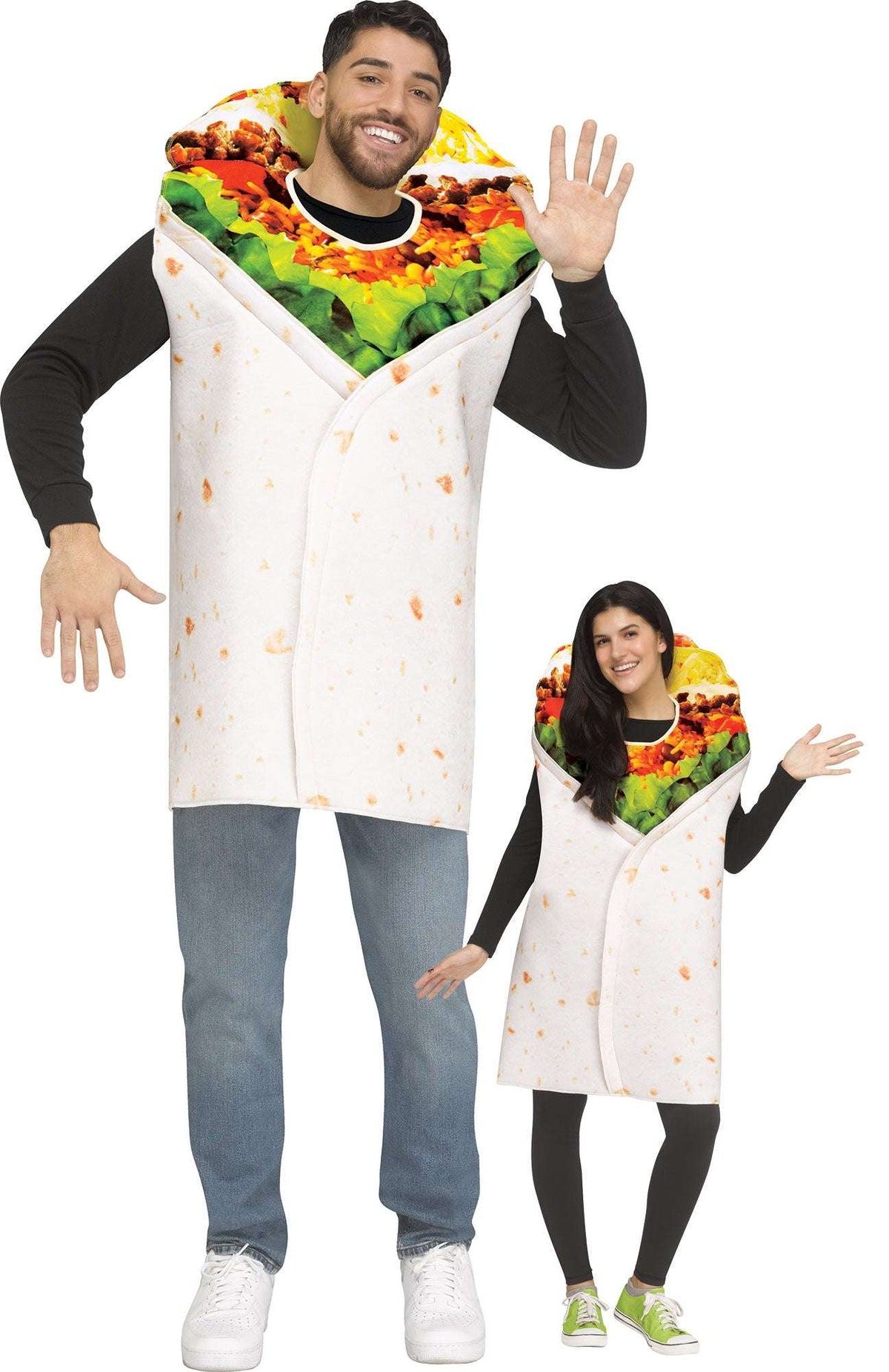 Burrito costume tunic with colorful food print hood and white body; two people wearing