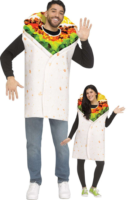 Burrito costume tunic with colorful food print hood and white body; two people wearing