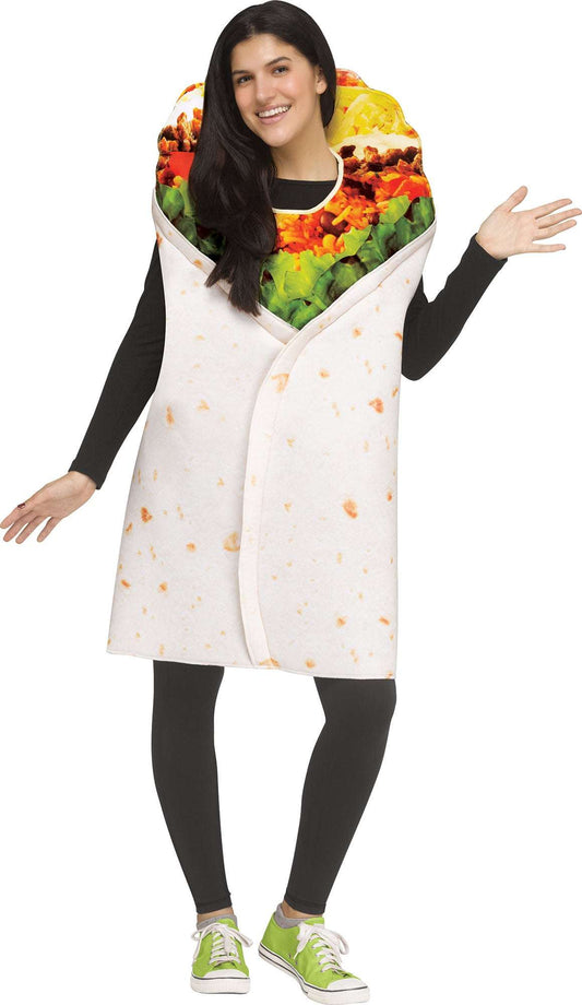 Adult burrito costume tunic with white fabric and printed filling hood, held open