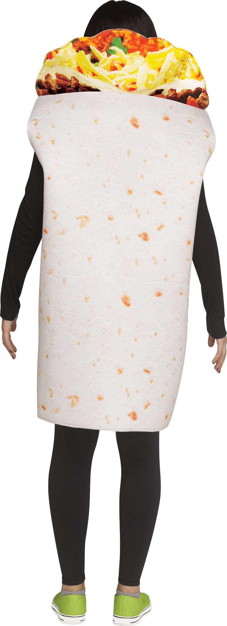 Adult burrito costume tunic with colorful filling hood and white back panel