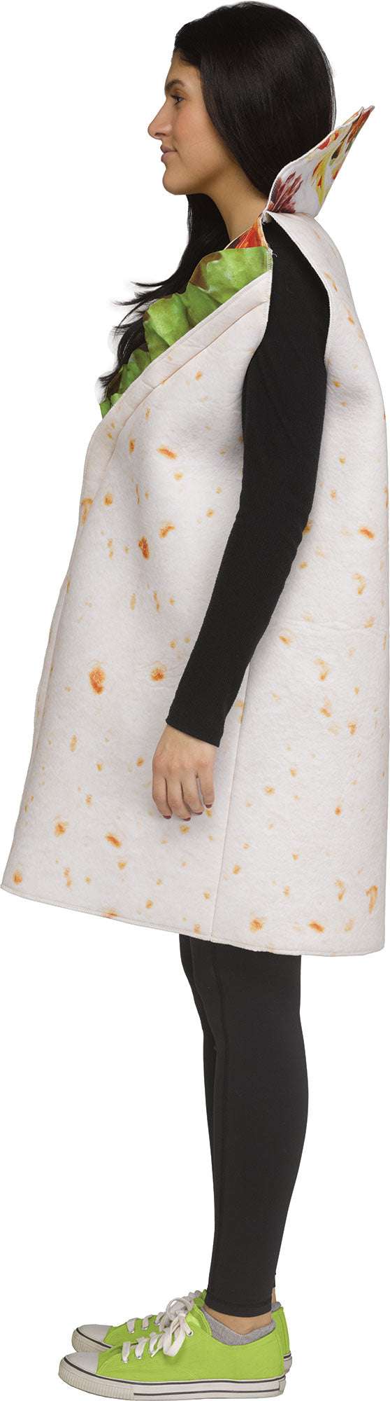 Burrito costume tunic with white fabric, colorful food-print hood, worn with leggings