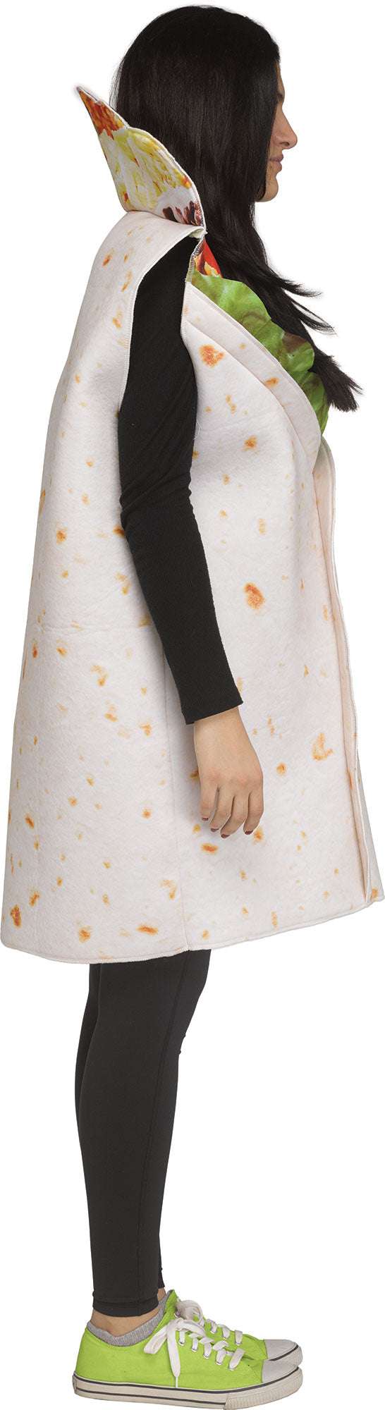 Burrito costume tunic with white fabric and colorful printed hood, side view