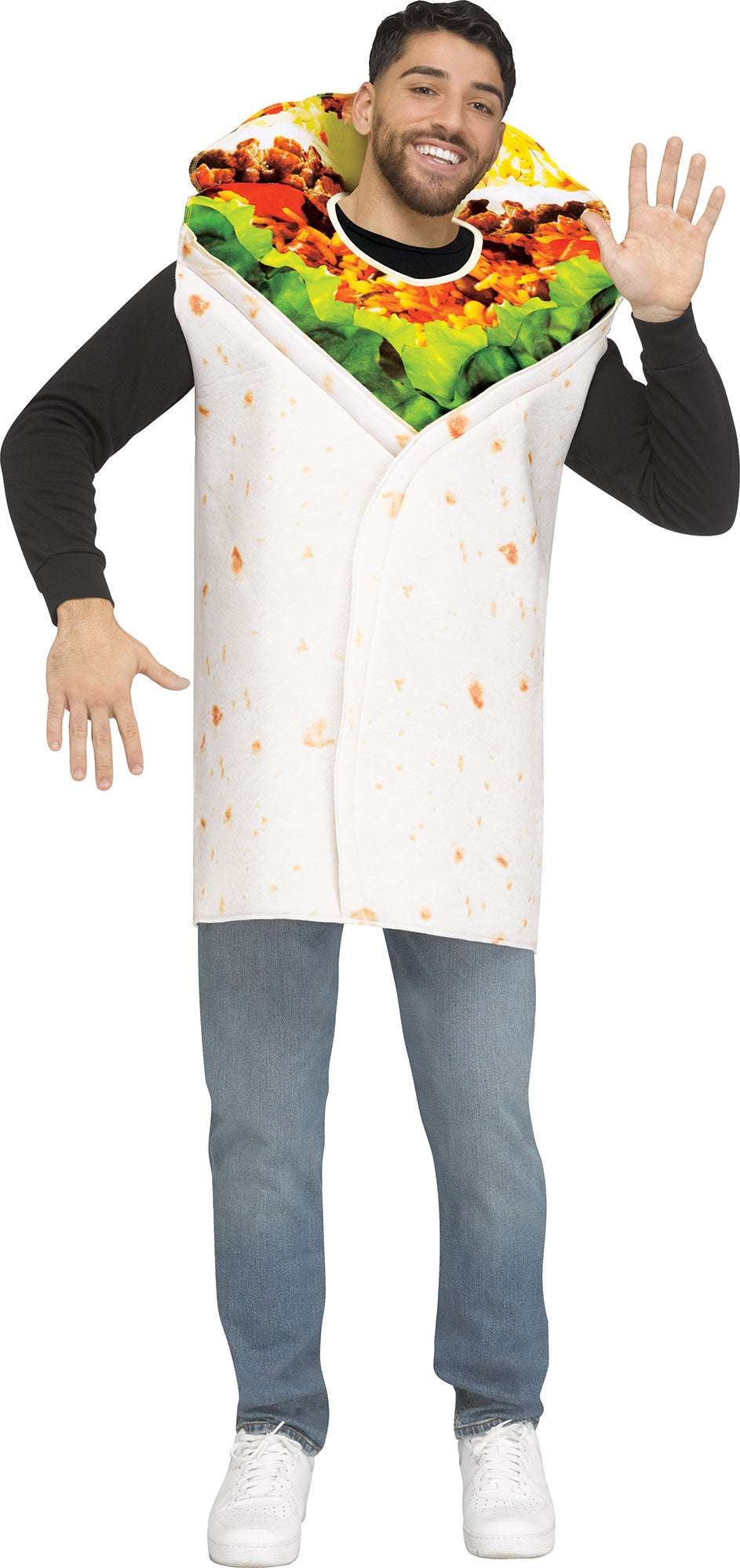Adult burrito costume tunic with colorful filling hood and white front panel