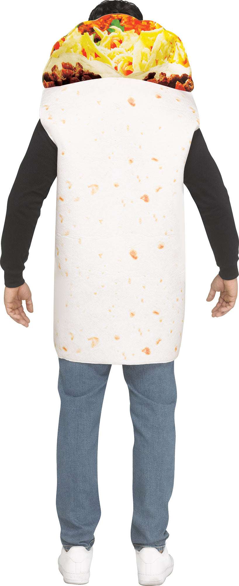 Adult burrito costume tunic with white front panel, printed filling, and hood