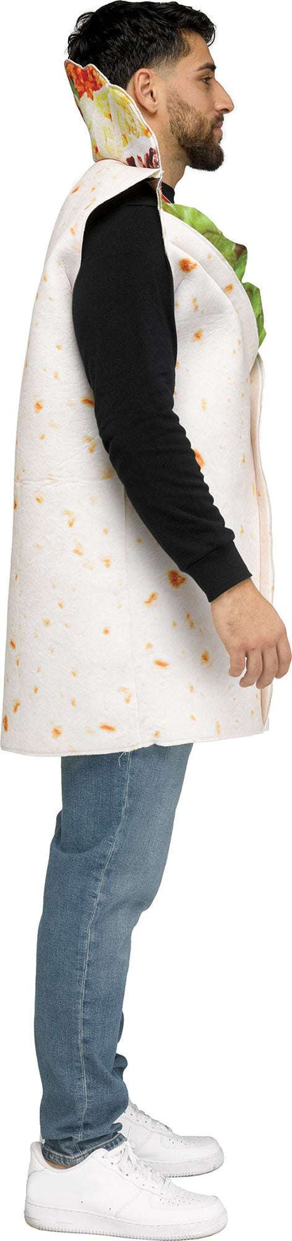 Burrito costume tunic with white body and colorful hood, worn by standing person