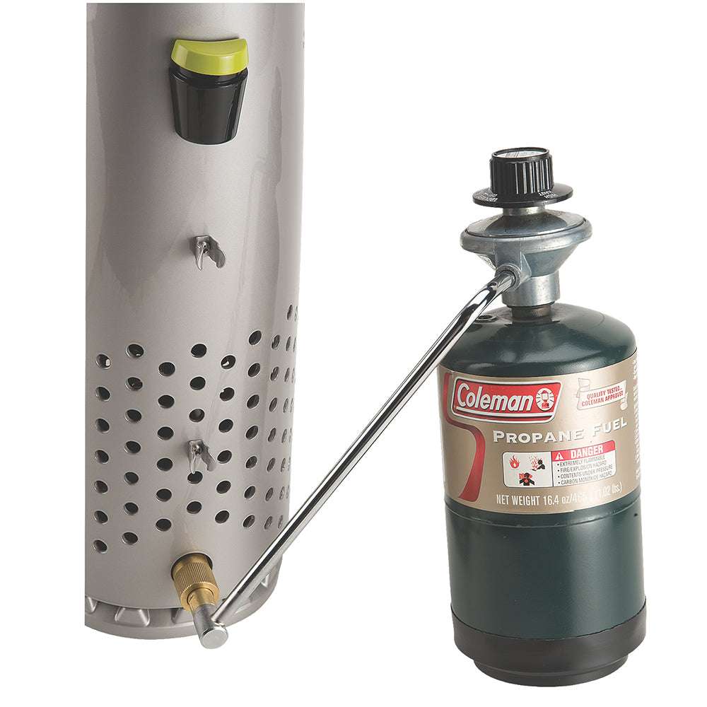 Portable propane coffeemaker with fuel canister and metal hose on side panel