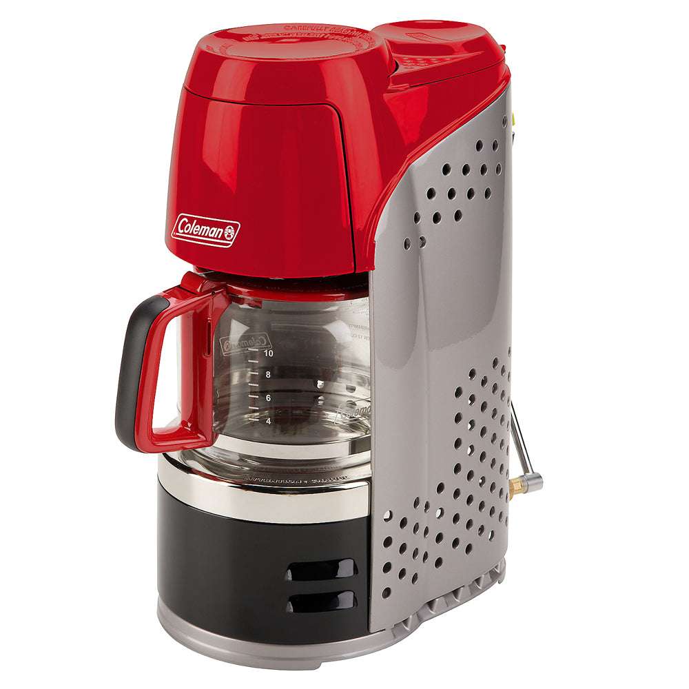 Portable propane coffeemaker with red top, glass carafe, and side vent holes