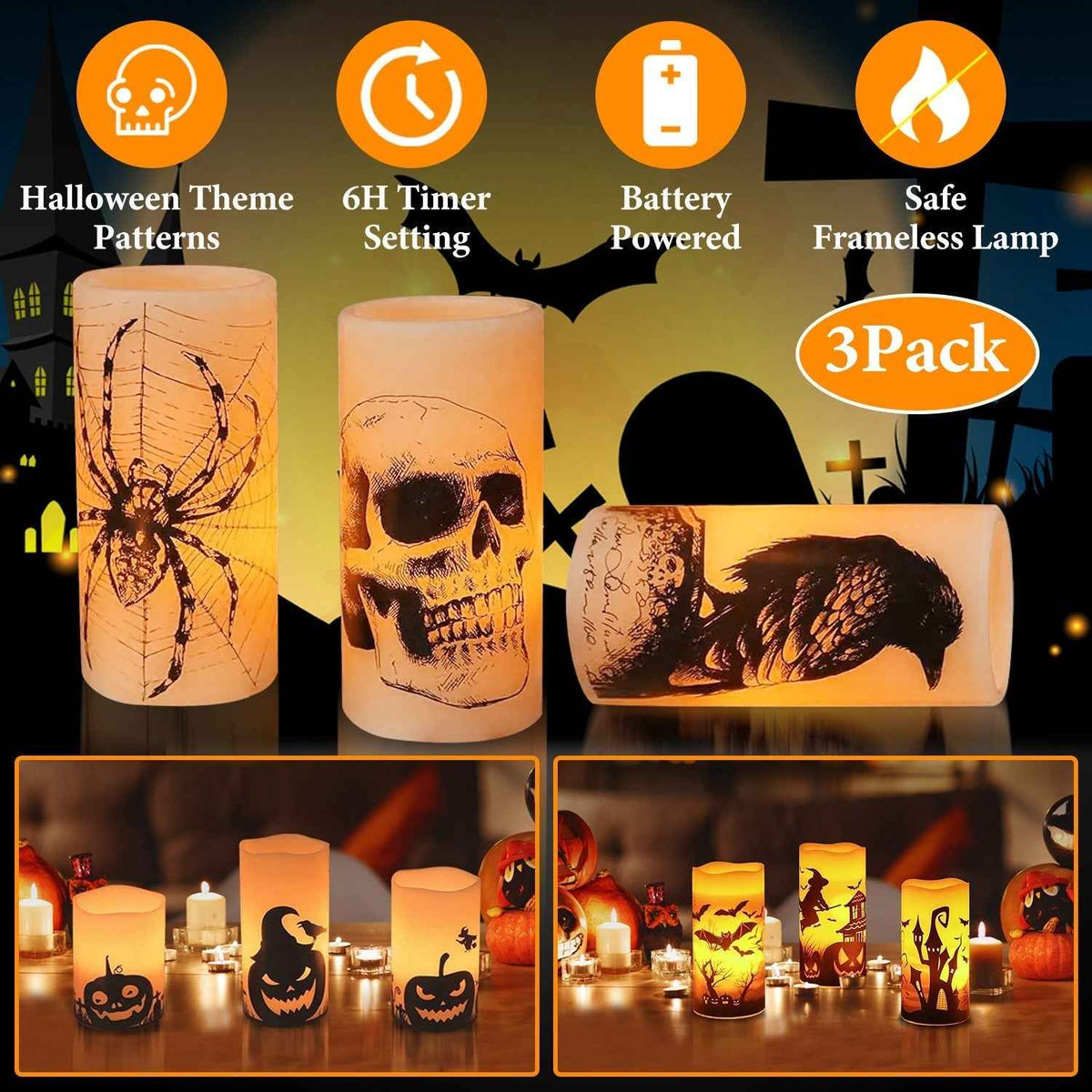 3-Pack Halloween Flameless Candle Lamps with Timer – Spider, Crow & Skull