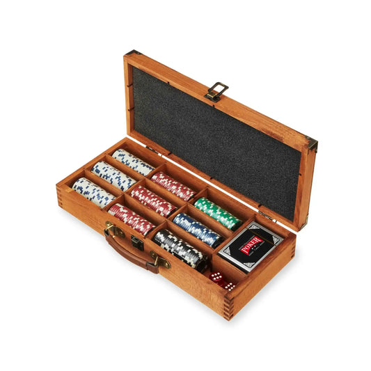 Open wooden poker chip box with black felt lid and chip stacks in tray compartments