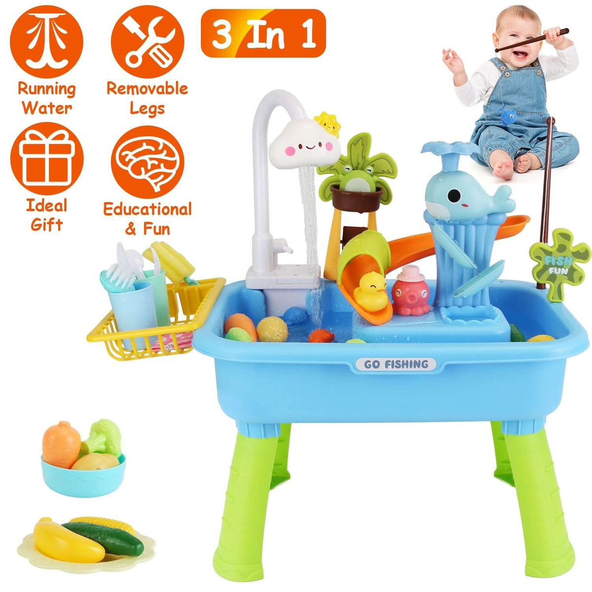 Pretend kitchen sink toy with electric faucet, removable legs, and dolphin-themed fishing game