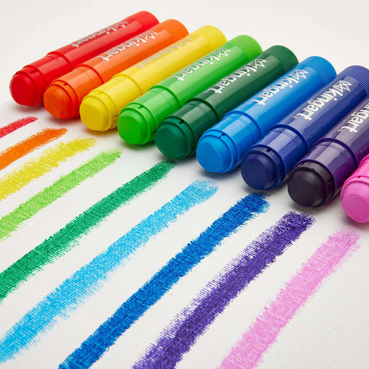 Capped tempera paint sticks in rainbow colors with matching painted stripes