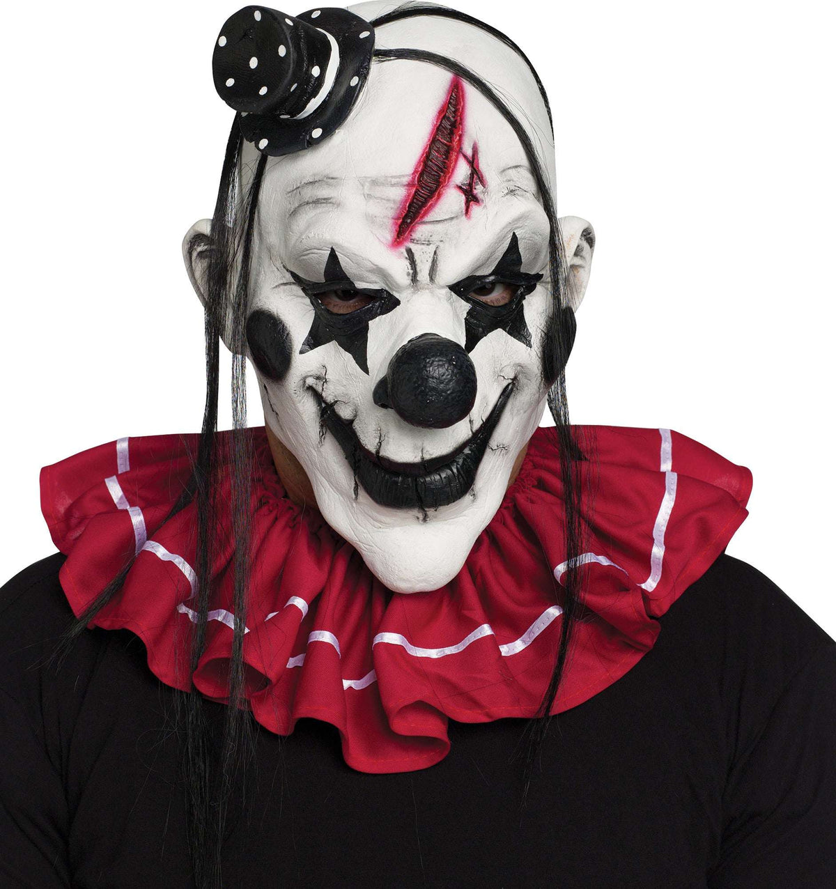 Horror clown latex mask with white skull face, black spots, red wound, black nose, hair
