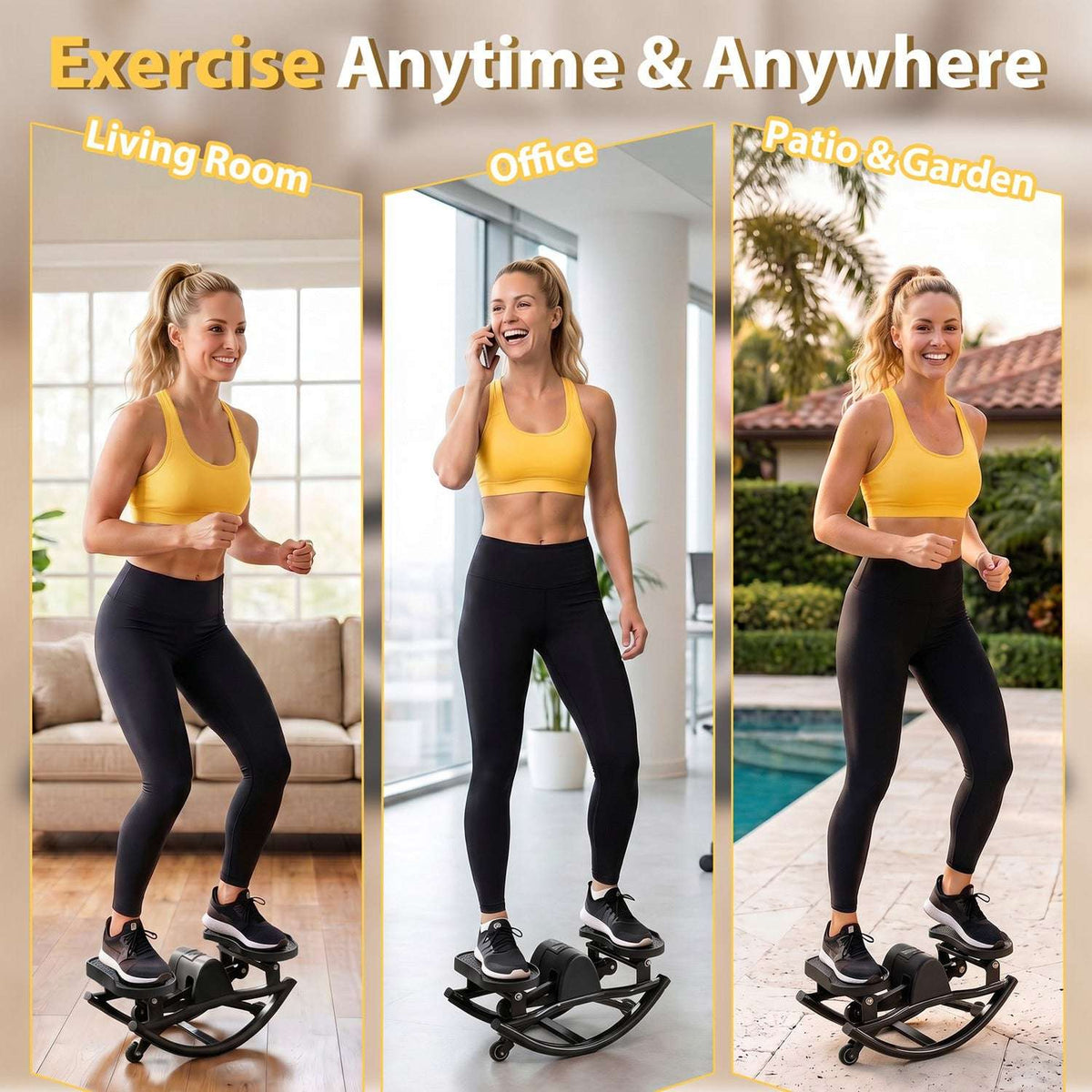 Three views of a woman exercising on a black swing stepper in different locations