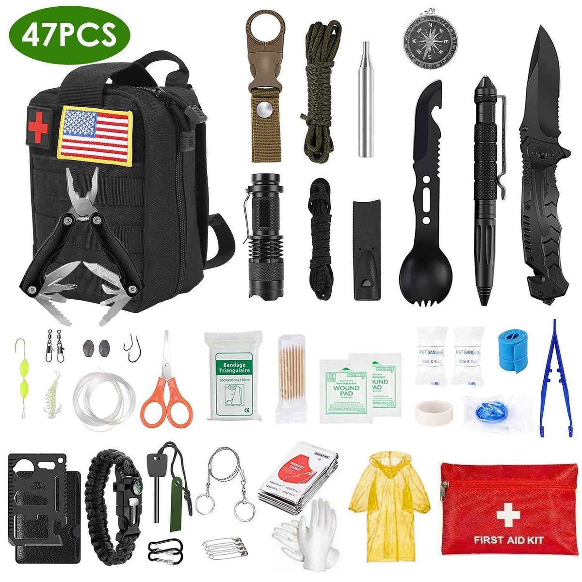 47-Piece Emergency Survival Kit – EDC Gear, First Aid Supplies & Survival Tools | Compact Pouch | Hiking & Camping