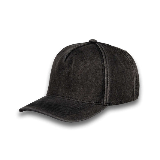 Black denim 5-panel snapback cap with curved brim and stitched crown