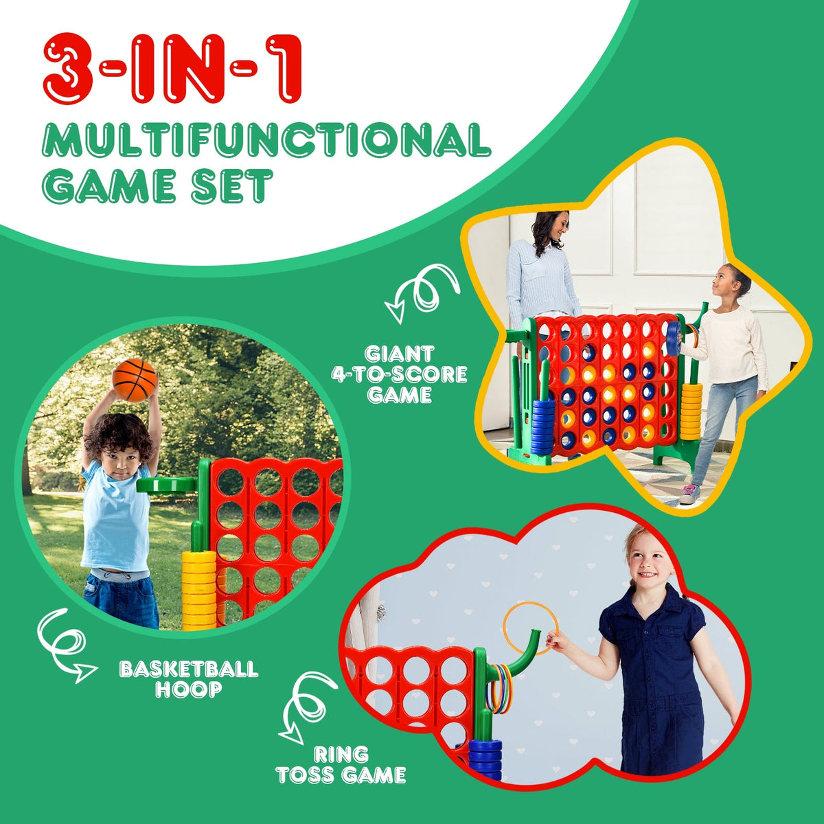 2.5 ft 4-to-Score Giant Game Set with Basketball Hoop and Toss Rings