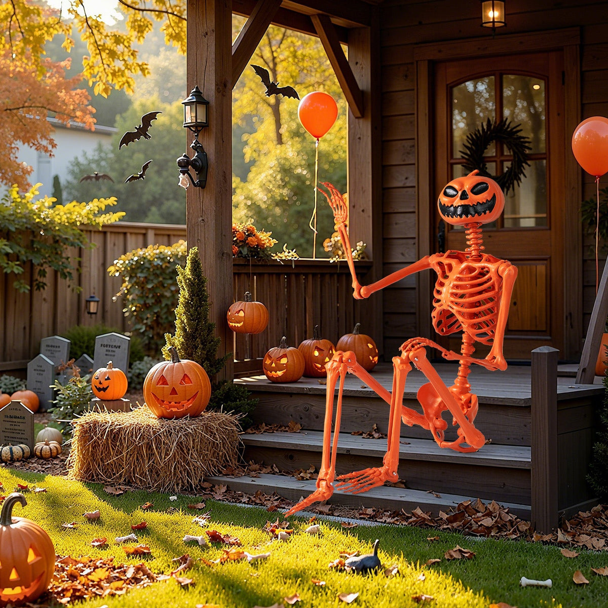 5.2 FT Orange Life-Size Poseable Halloween Skeleton with Pumpkin Head and Movable Joints
