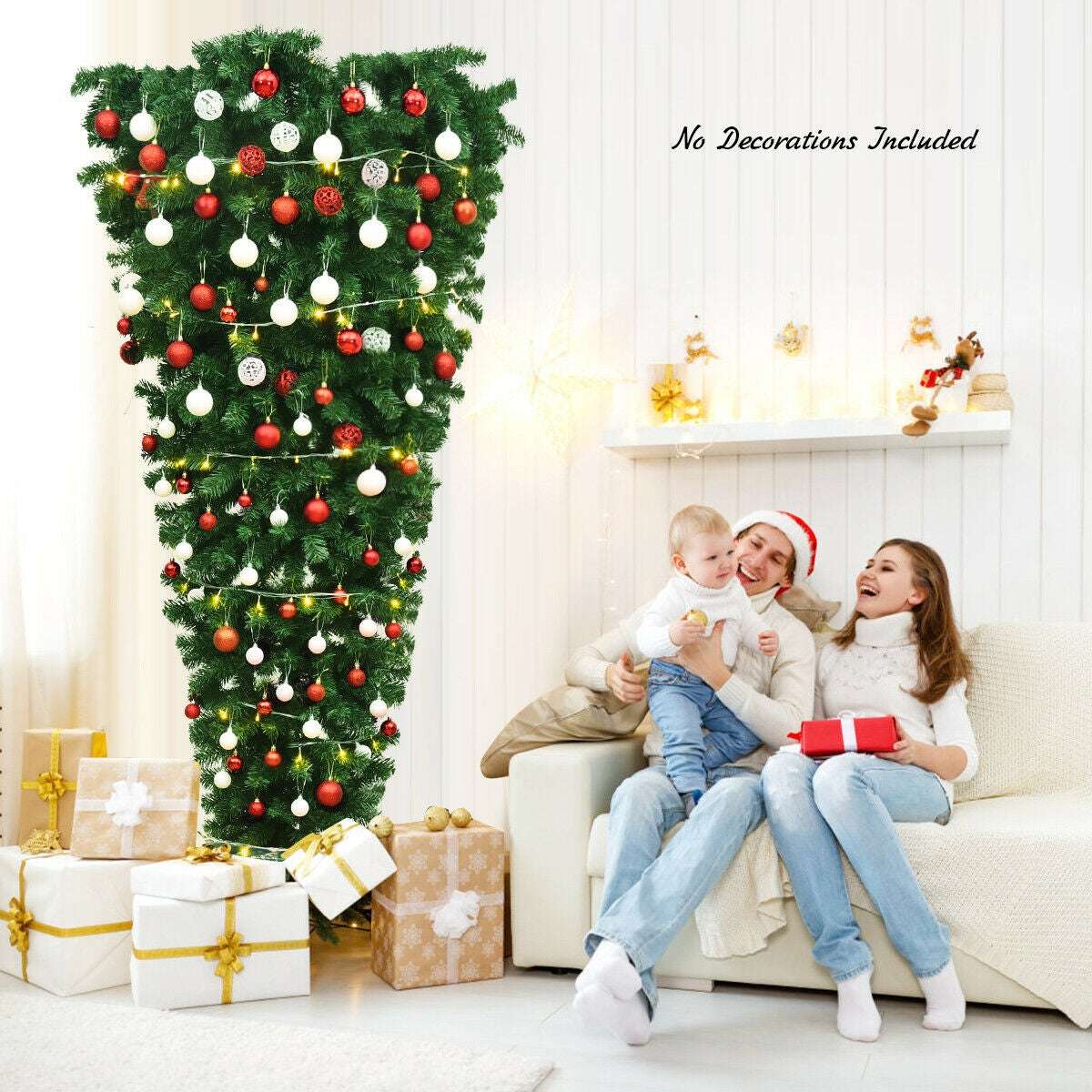 Inverted artificial Christmas tree decorated with red and white ornaments and lights
