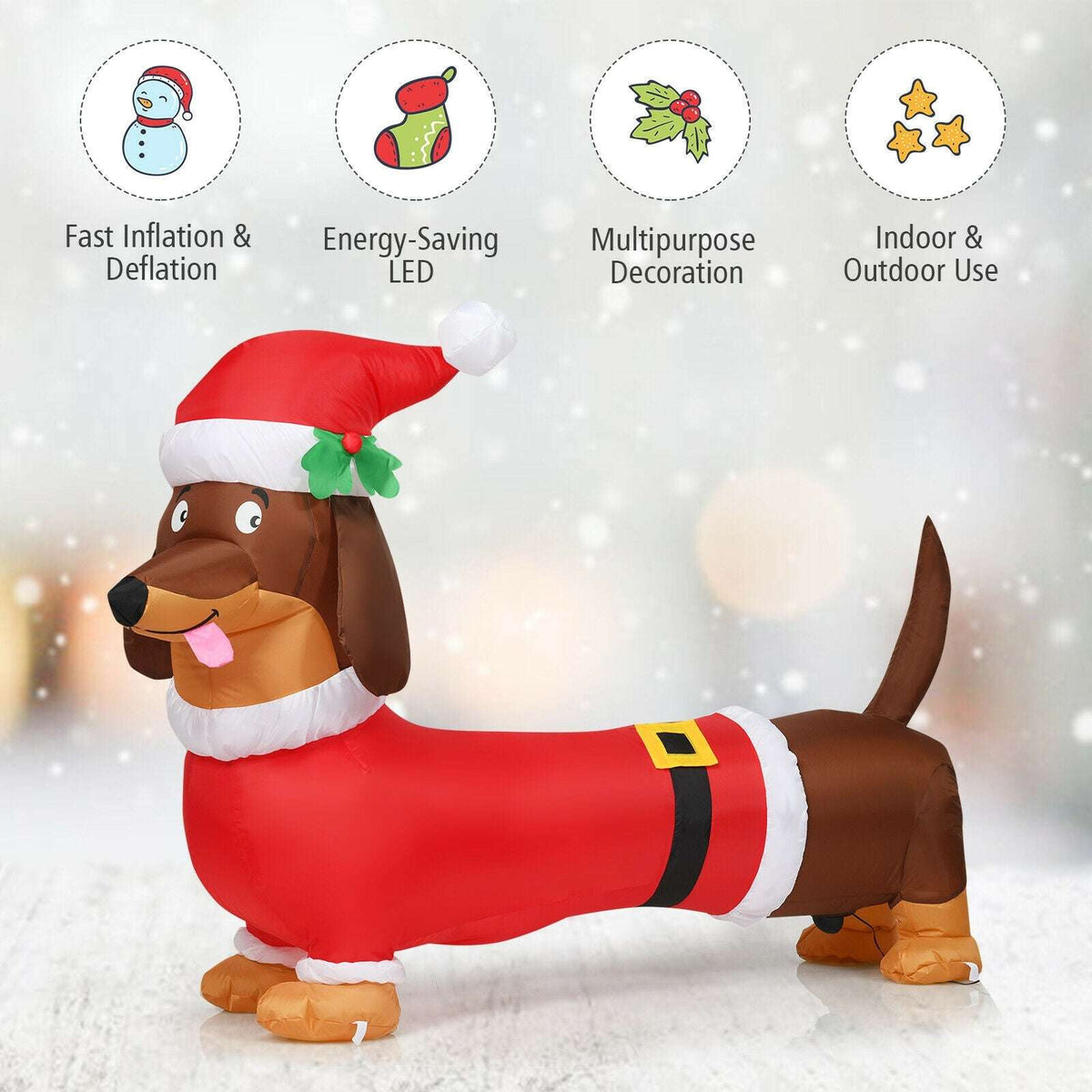 Inflatable Santa dog with red suit, brown body, and LED lighting feature icons