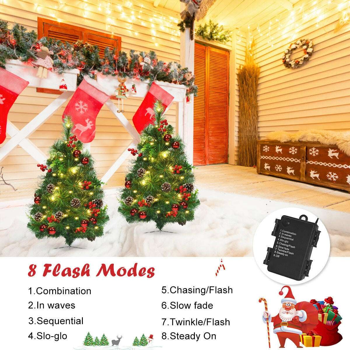 Pair of pre-lit Christmas trees with red berries and pine cones; battery box and eight light modes shown