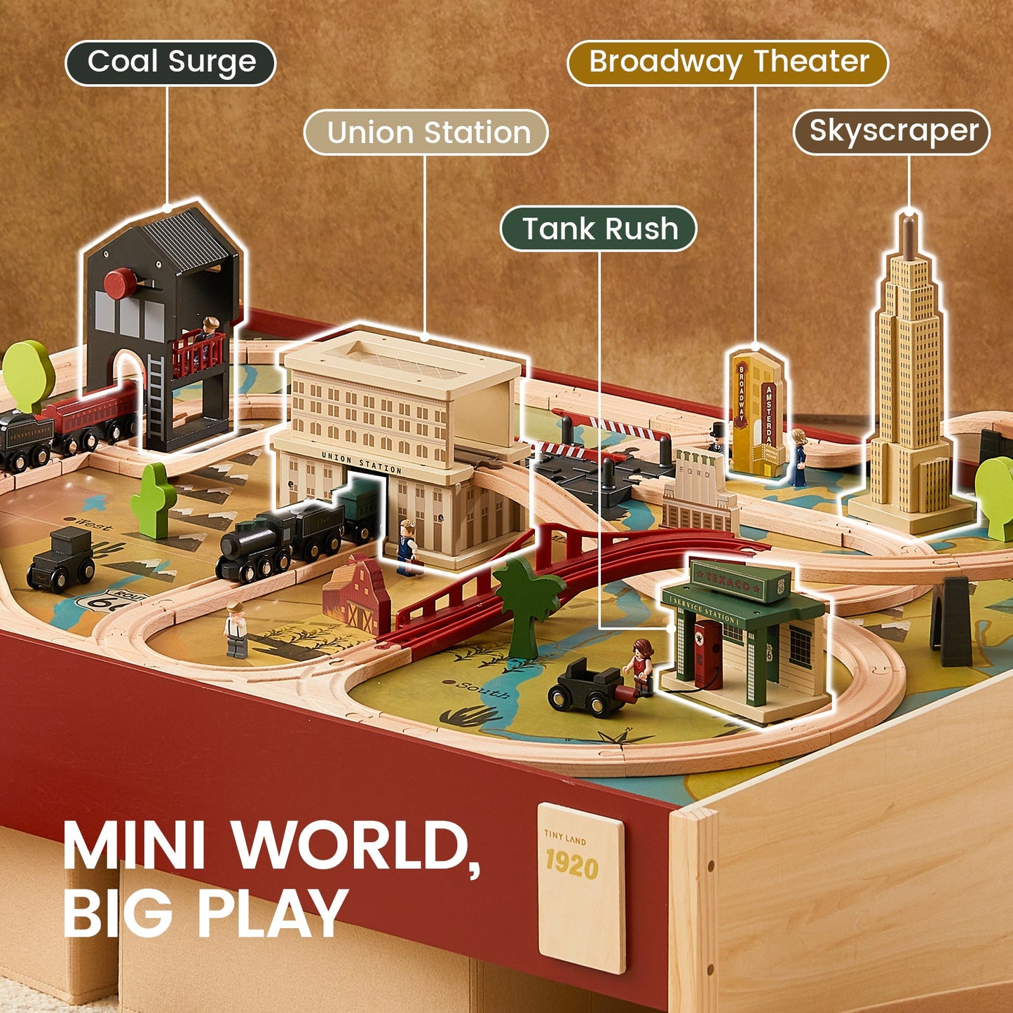 Tiny Land® 1920 Railway Adventure Train Table – 102-Piece Wooden Train Set with Play Table, Sound Effects & Storage | Ages 3+