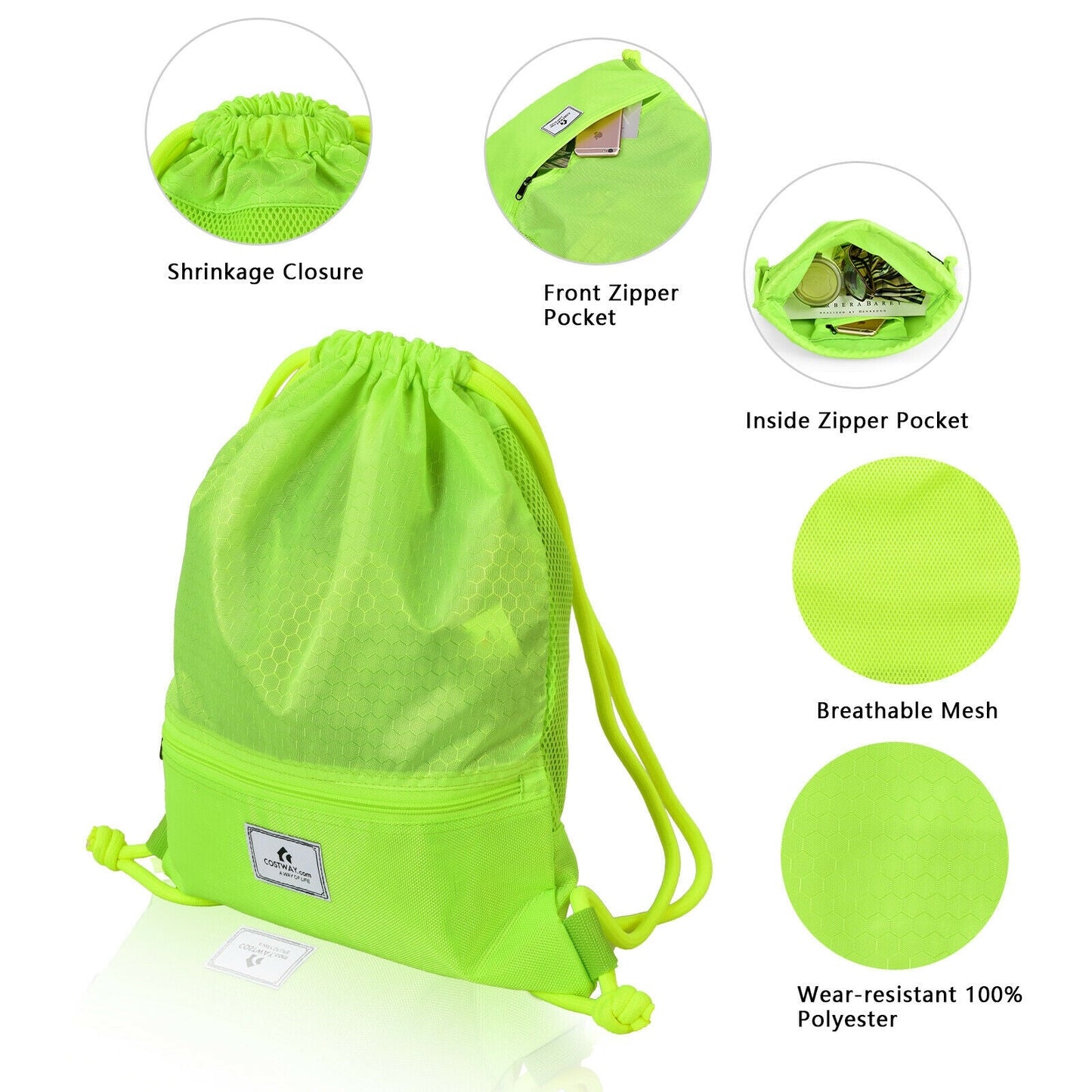 Foldable Drawstring Backpack with Zipper Pockets | Gym Travel Sports - Niksstuff