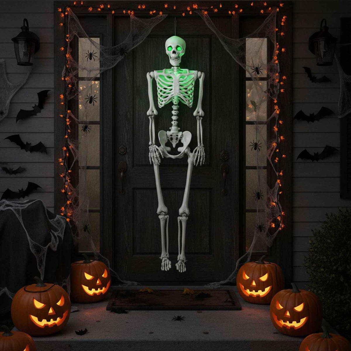 5.5 FT Life-Size Poseable Halloween Skeleton with Green Light-Up Eyes & Chest