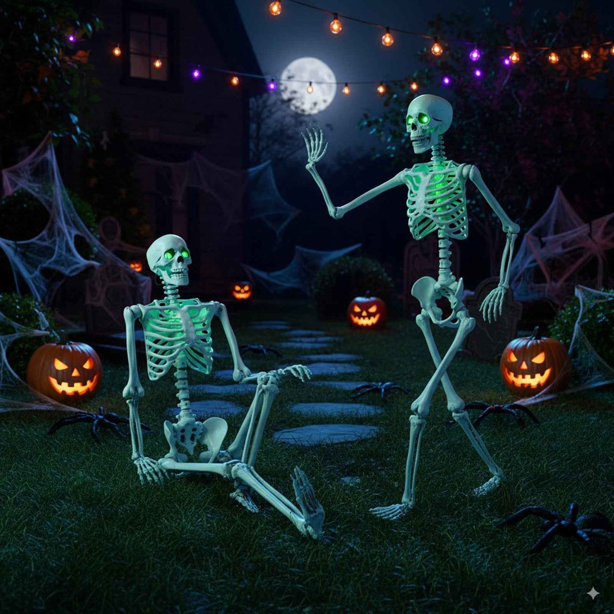 5.5 FT Life-Size Poseable Halloween Skeleton with Green Light-Up Eyes & Chest