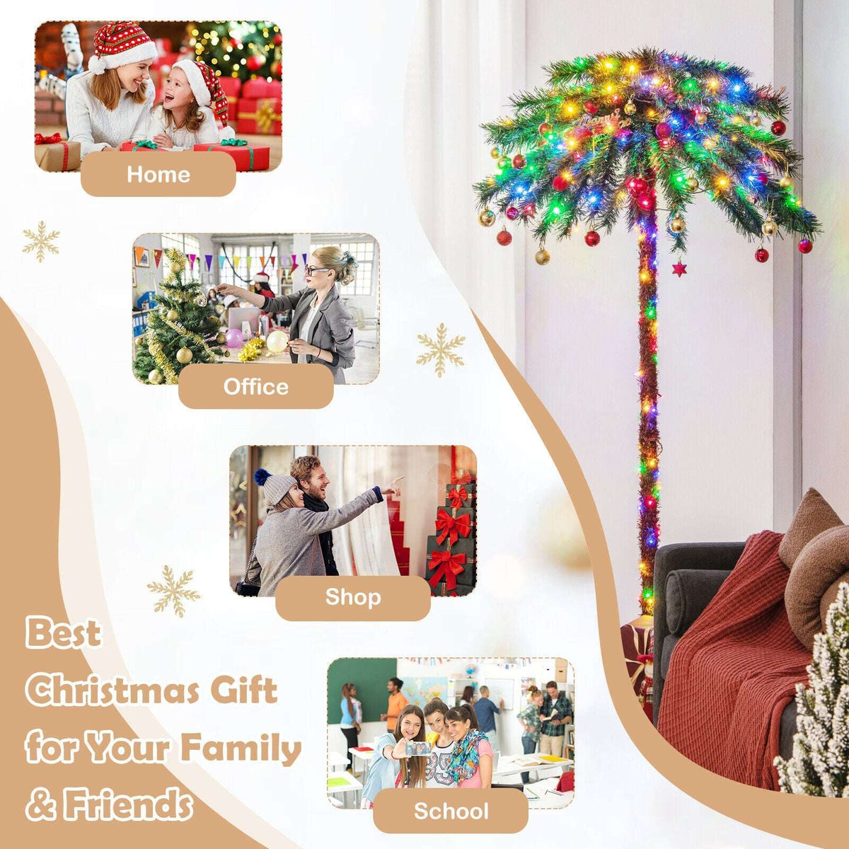 Palm Christmas tree decorated with multicolor lights and hanging ornaments