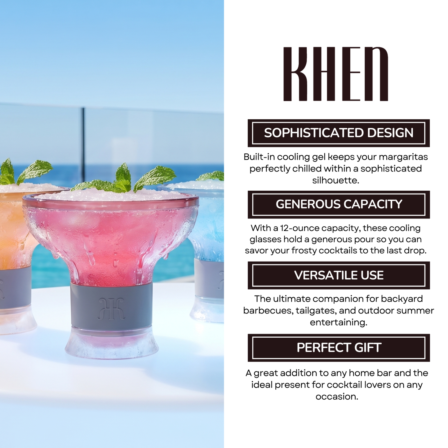Khen Eze Frozen Margarita & Cocktail Chiller Glasses | Set of 4 | 12oz | Double-Wall | Acrylic - Niksstuff
