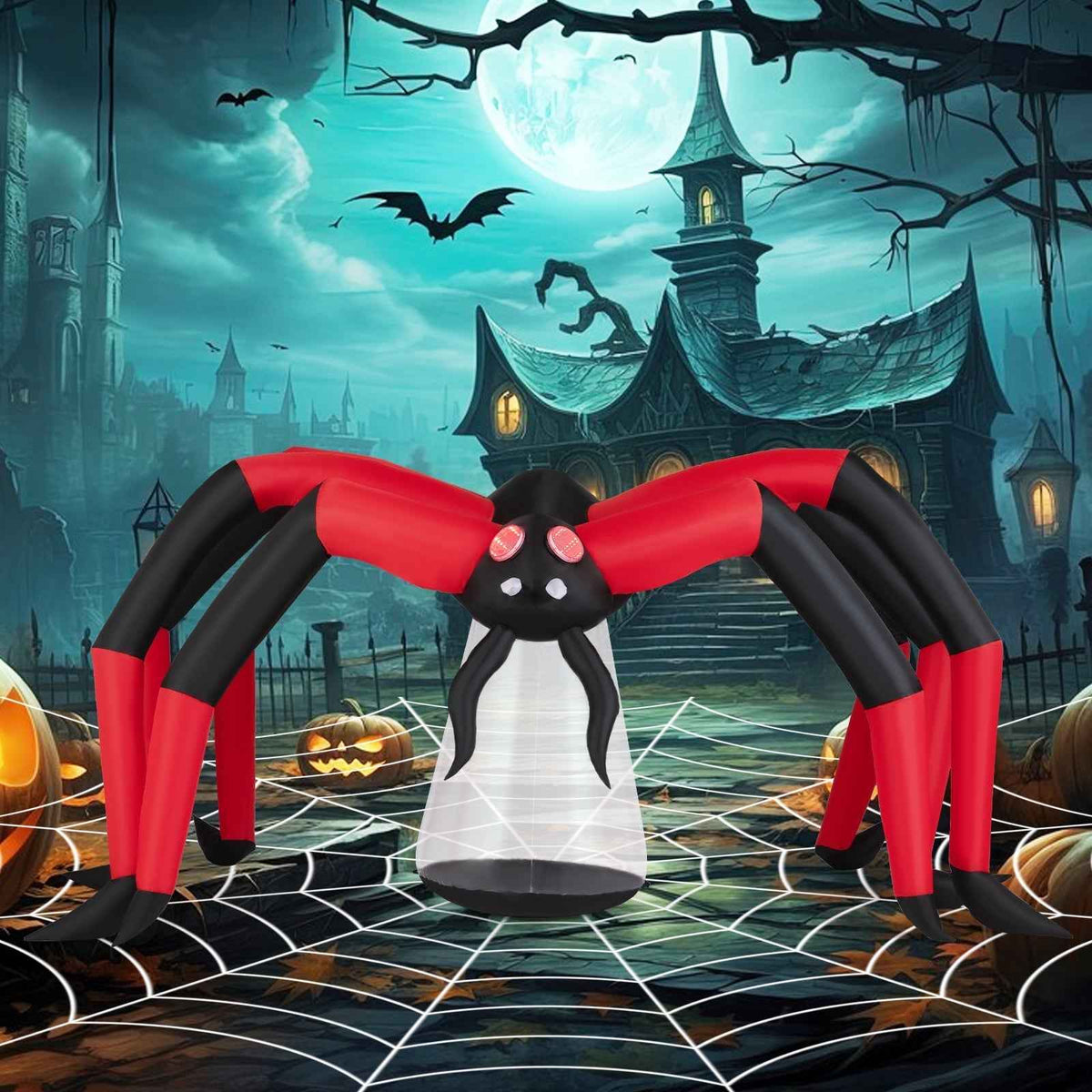 Halloween Inflatable Spider with Red Tunnel Light Eyes – 10 Ft Wide