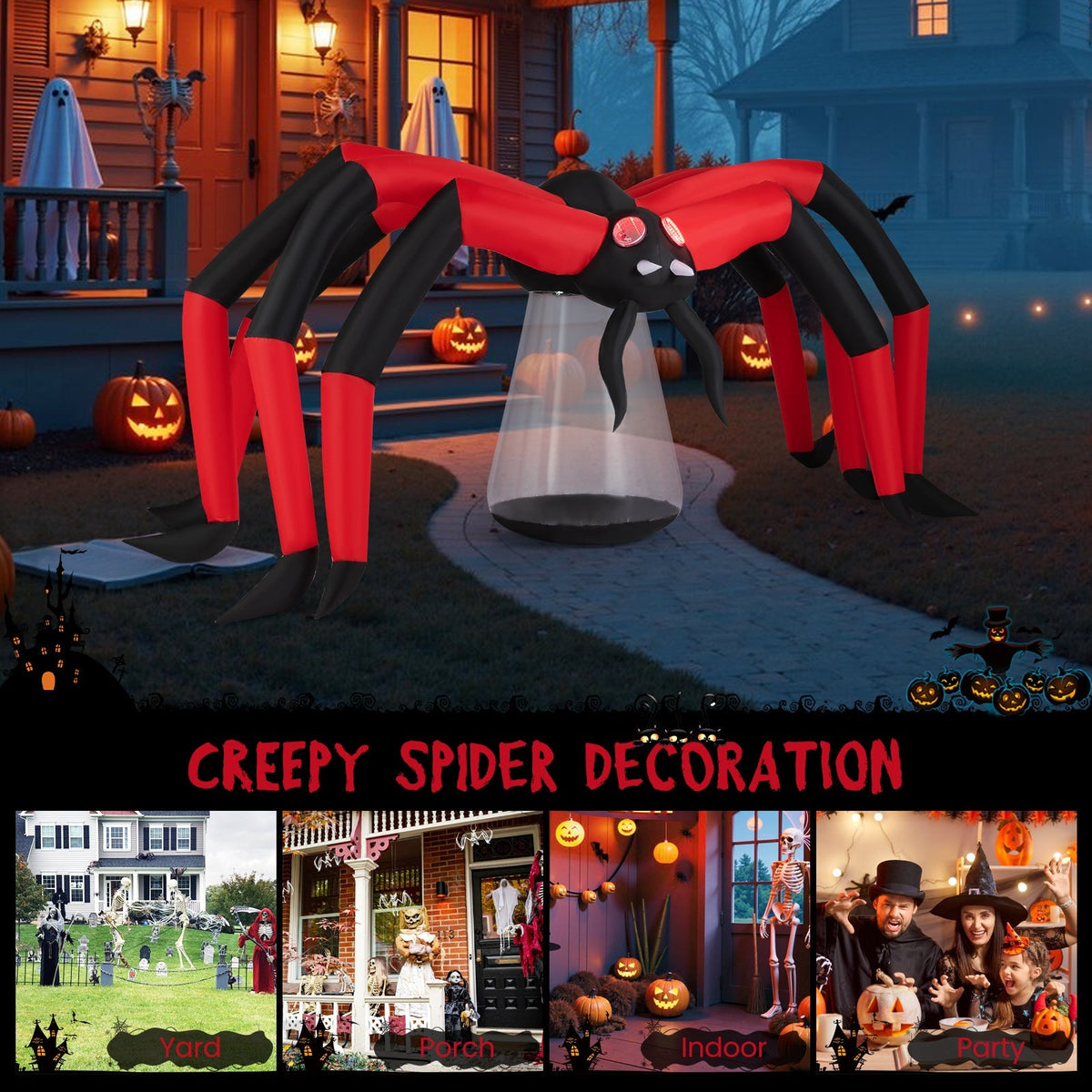 Halloween Inflatable Spider with Red Tunnel Light Eyes – 10 Ft Wide