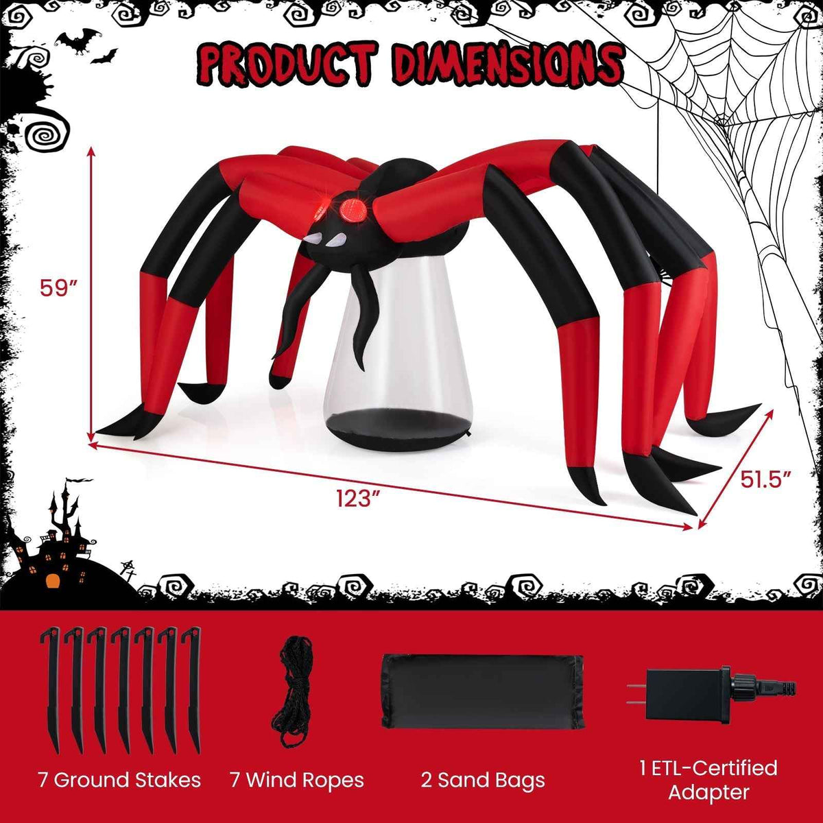 Halloween Inflatable Spider with Red Tunnel Light Eyes – 10 Ft Wide