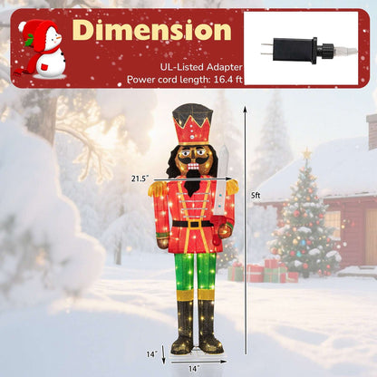 Lighted nutcracker with glitter sword, shown with 5-foot height and base dimensions